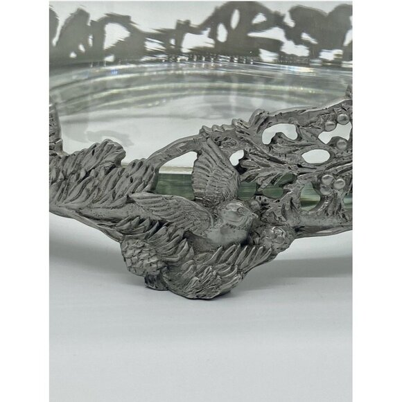 Birds & Pinecones Pewter Glass Large 9” Footed Bowl Centerpiece Votive Nature - Picture 4 of 12